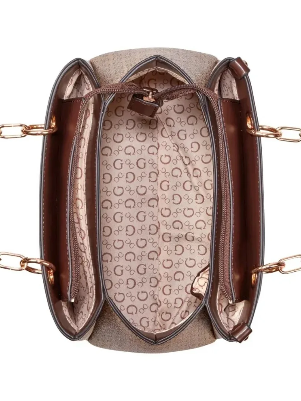 GUESS Brown Logo Jacquard Satchel with Gold Accents